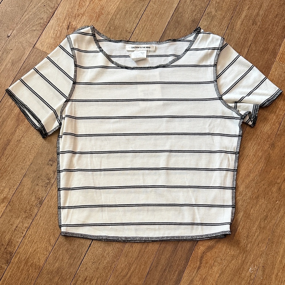 Caution To The Wind Black and White Striped Cropped Short Sleeve Top - M